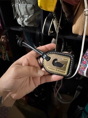 Dooney & Bourke Black Leather Luggage Tag with Gold Plaque